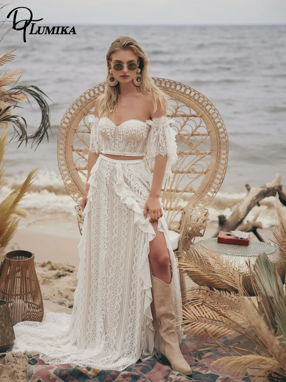 DTLumika Two Piece Off Shoulder Lace Wedding Dress Fringe Crop Top High Slit Beach Boho Bridal Gown Vestidos De Novia Customized