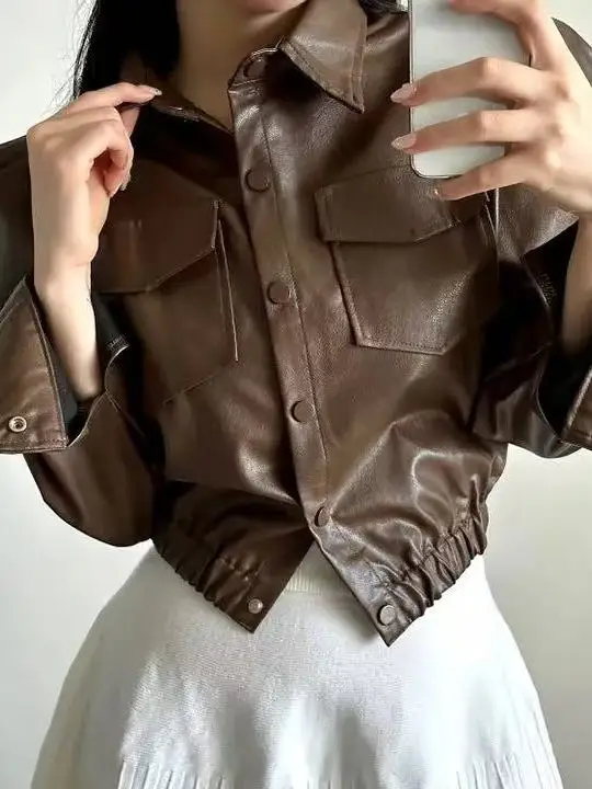 Coreano Sle versátil Retro solapa un solo botón doble ket cuero Jaet mujer ort Sve largo irt Otoño Invierno