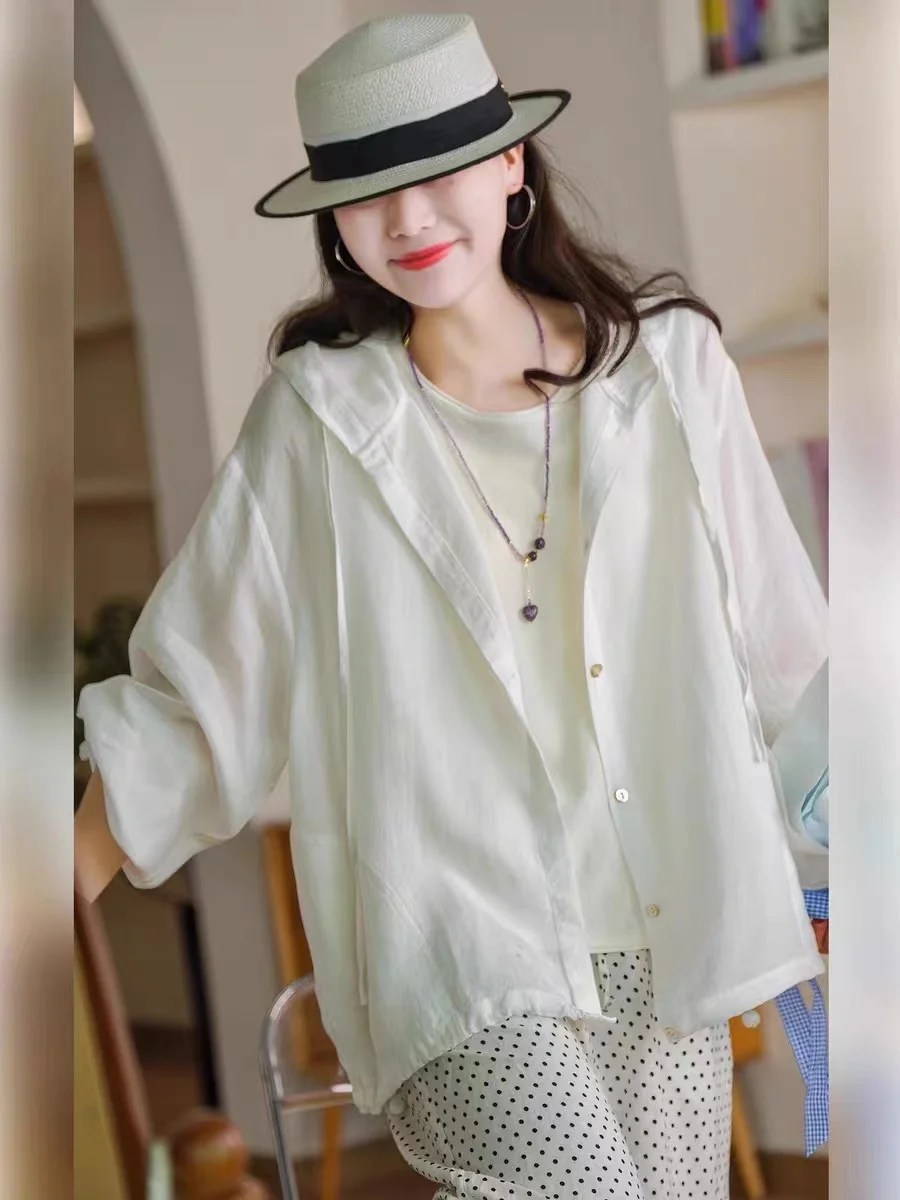 

Summer Thin Artistic Pure Color Loose Hemp Hooded Single Button Sun Protection Coat for Women Commute Sle Regular Sve Le...