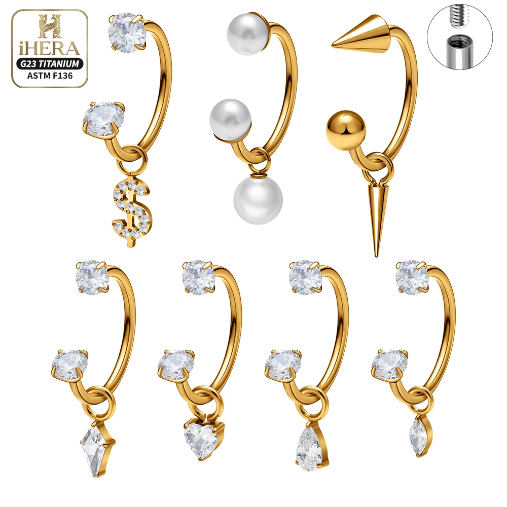 16G ASTM F136 Titanium Curved Circular Hoop Earring Nose Ring Internal Threaded CZ Spike Dangle Unisex Body Piercing Wholesale
