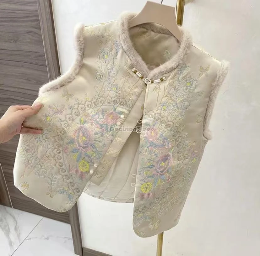 

2025 new winter chinese style cotton thicked waistcoat loose round collar sleeveless women embroidered cheongsam tang suit vest