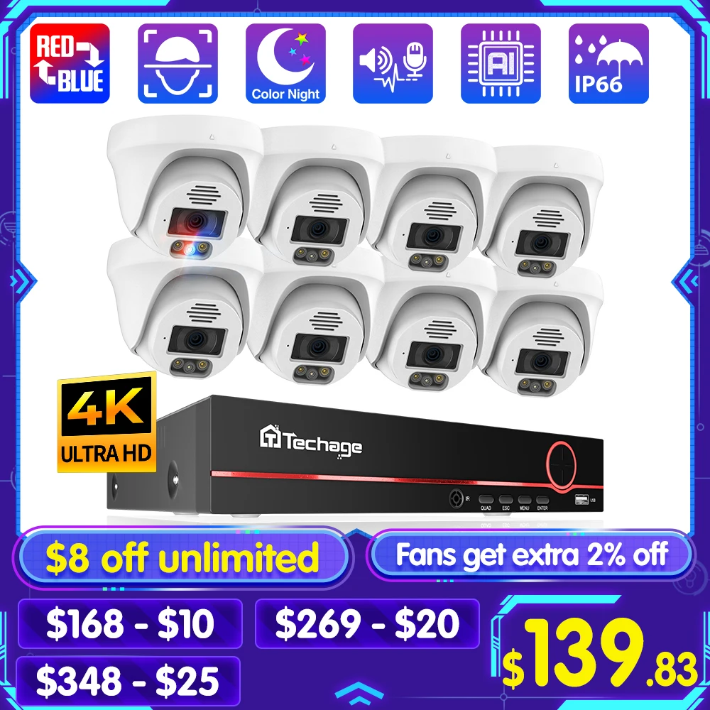 Techage H.265 8CH 4K 5MP POE Security Camera System 8MP Face Detect Dome Indoor Two Way Audio Color Night Video Surveillance Kit
