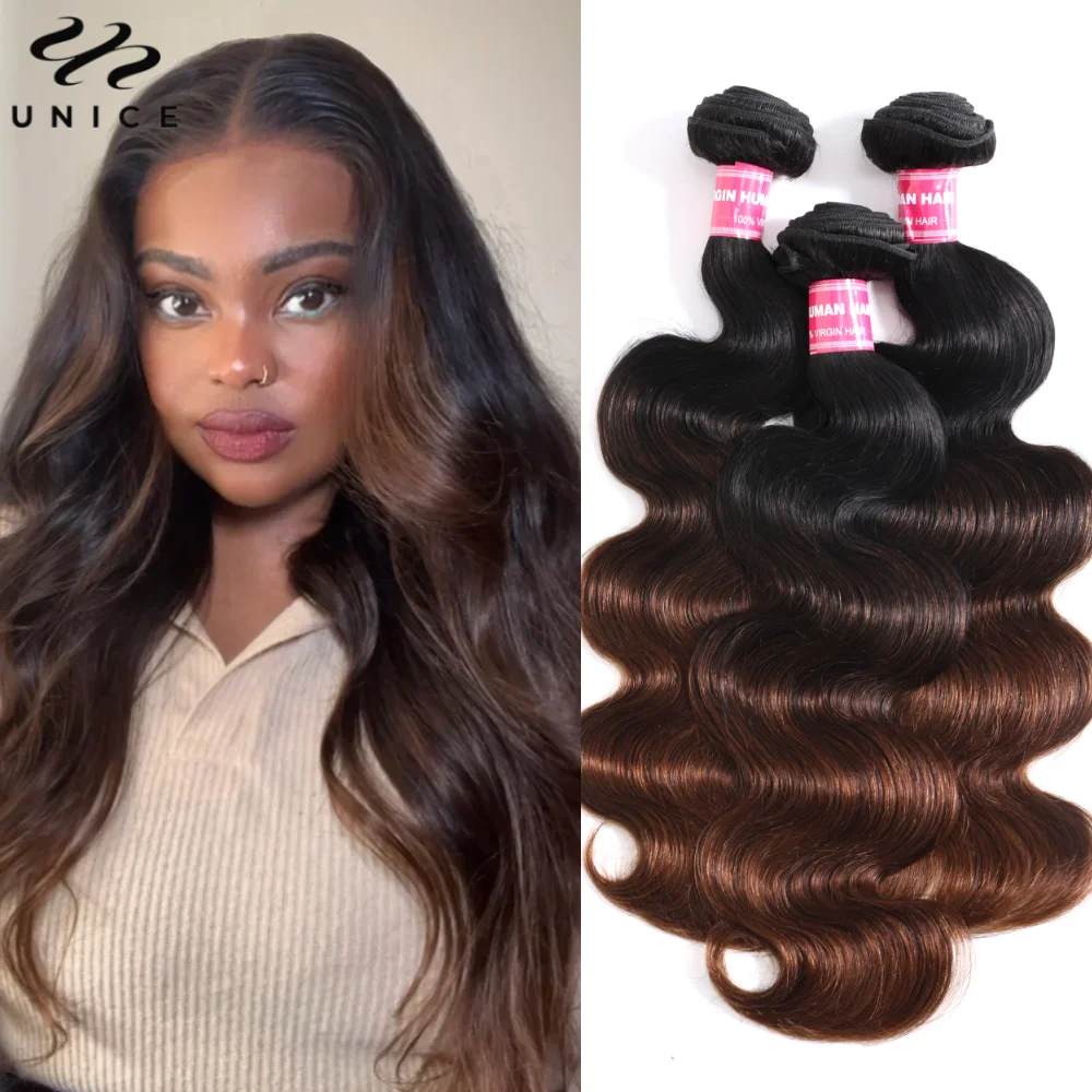 Mèches 3/4 naturelles Body Wave-UNice Hair, cheveux humains, racines foncées, brun ombré, richesse, tissage à coudre, 8 à 26 pouces, 100% pièces