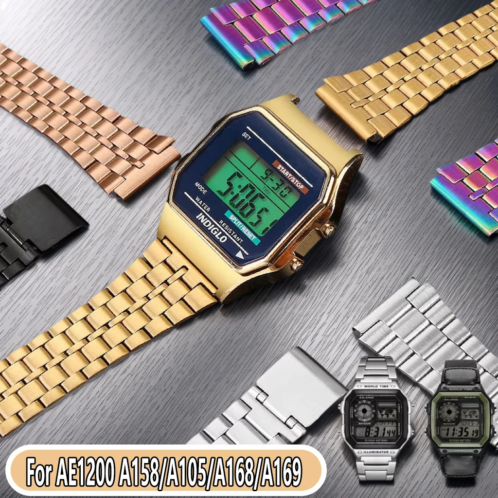 18mm Stainless Steel Watchband For Casio AE1200 1300 A159/A158/A105/A168/A169 AE1200/1300/AE500W Small Square Block Metal Straps