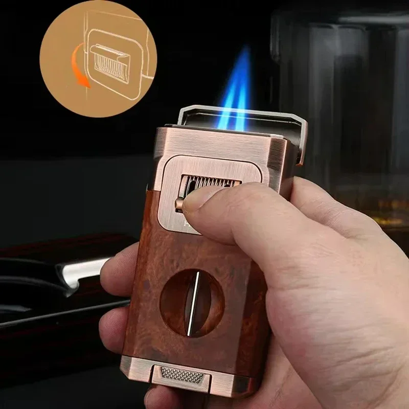 Metal High-end Cigar Lighter with Unique Wind Proof V-shaped Cutting Double Jet Flame Butane Gas Lighter Cigar Accessories