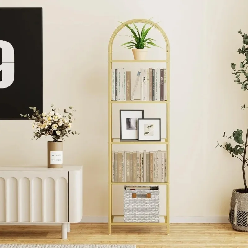 

Hot sale.Golden 5-Tier Narrow Bookshelf Arched Display Rack,Metal Frame&Tempered Glass Shelves, deal for Home Office, Living Roo