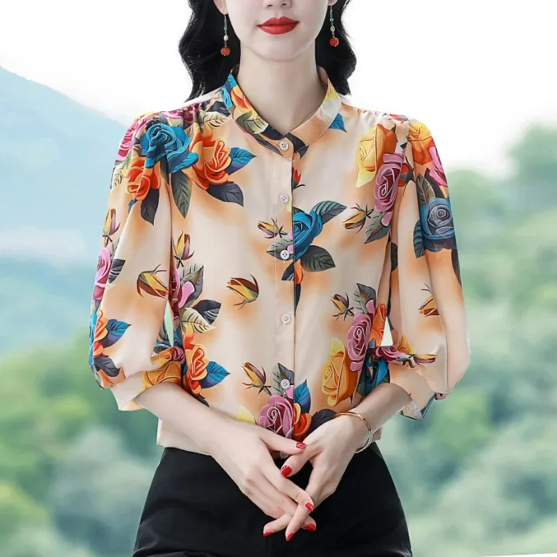 Chiffon Vintage Women's Shirt Summer Print Casual Women Blouses Loose Three Quarter Top O-neck Korean Version Clothing Sales