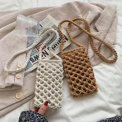 Women Fashion Small Crossbody Phone Bag Solid Color Hollow-out Woven Crochet Lightweight Braided Shoulder Handbag Crossbody Bags