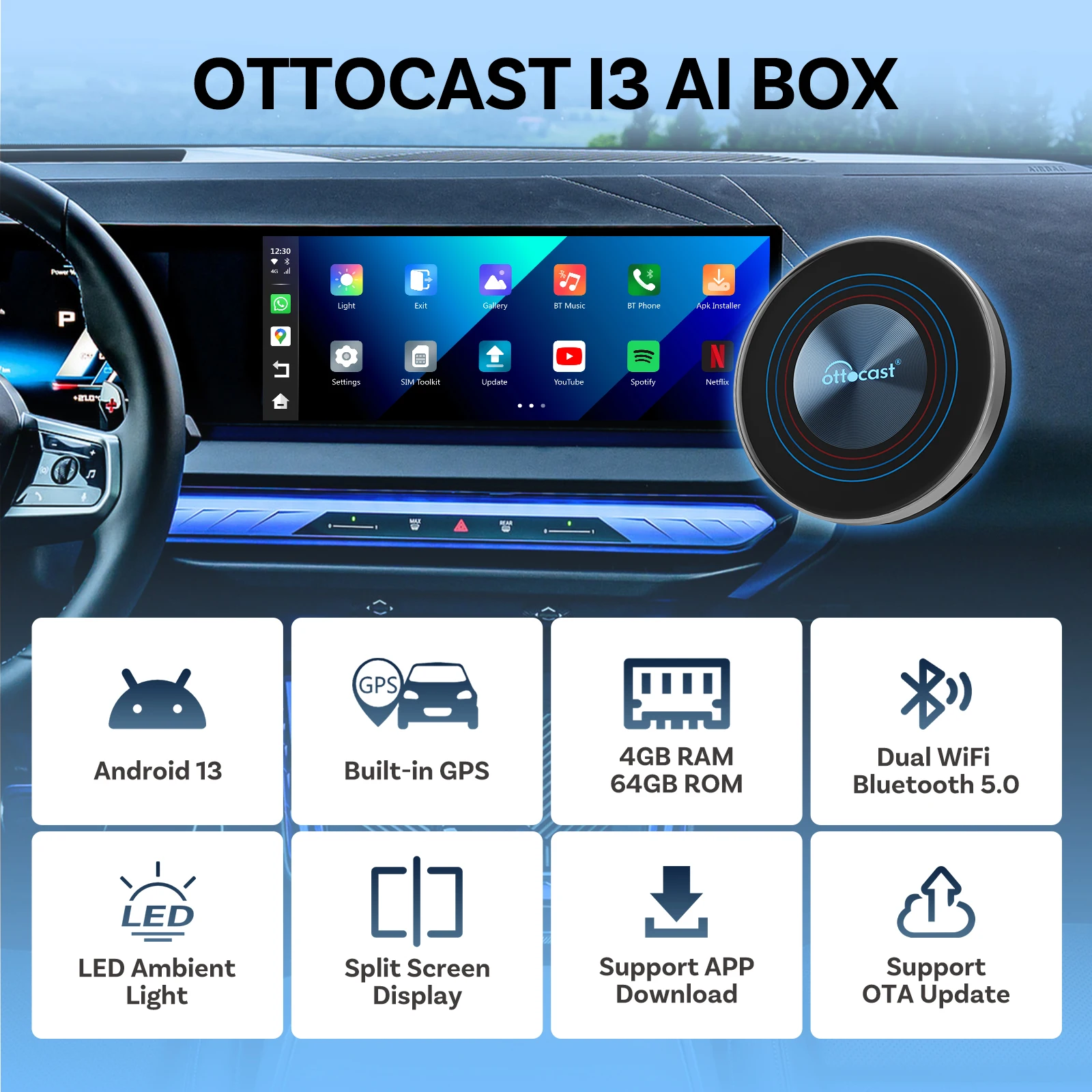 OTTOCAST i3 Wireless CarPlay Adapter 8+128G AI Box Android 13 