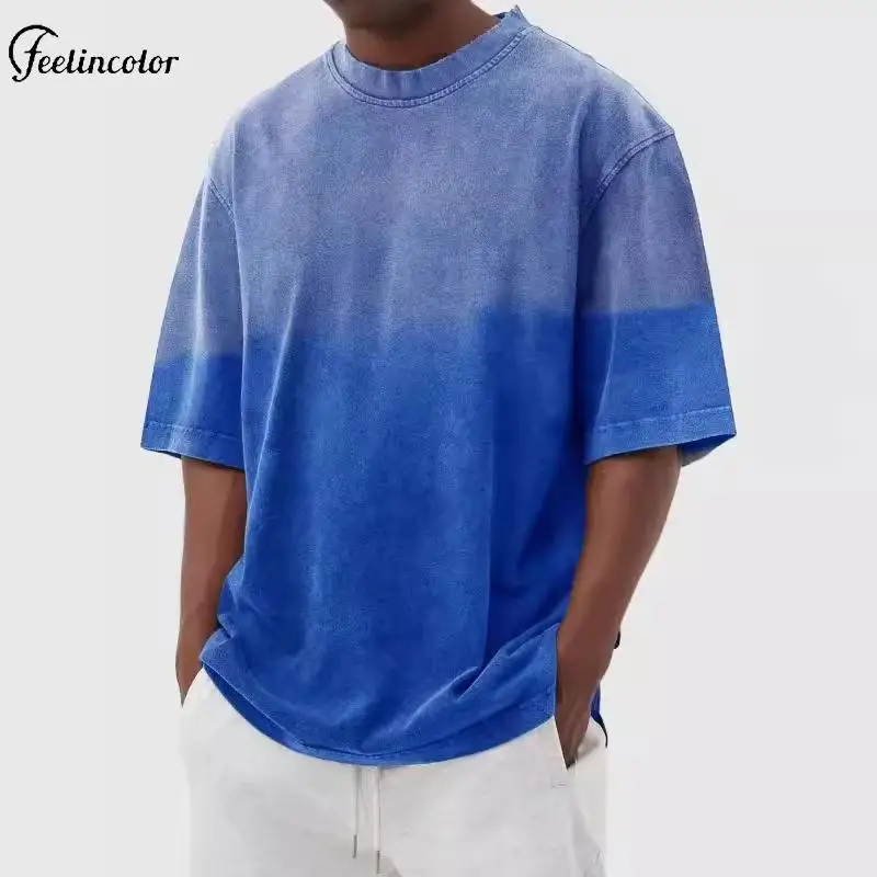 Retro Men's Wash Water Gradient T-Shirt Summer Breathable Short Sleeve Shirts Round Neck Straight Top Casual Loose Male Clothing