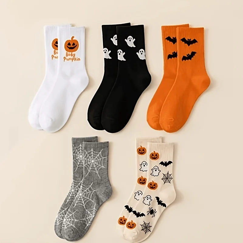 5 pairs Halloween Themed Knit Socks Spider Web Ghost Pumpkin Bat Pattern Soft Casual Crew Socks for Party Decor