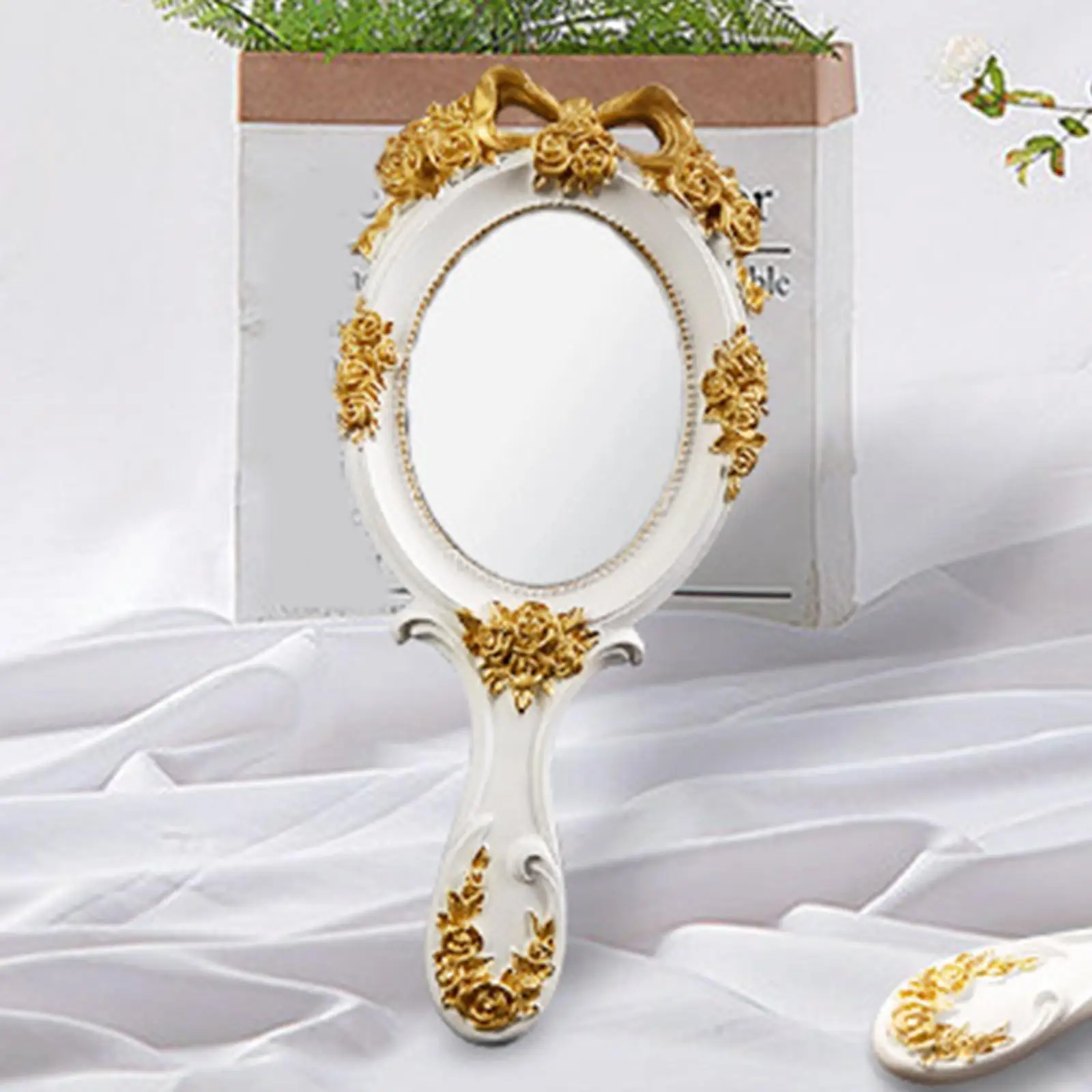 Hand Mirror with Handle Nordic Compact Embossed Flower Mirror Princess Cosmetic