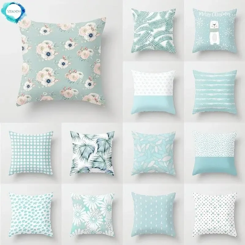 

Light Blue Green Mint Cushion Cases Geometric Pattern Smooth Pillowcase American Style Comfortable Soft Home Decorations 45*45CM