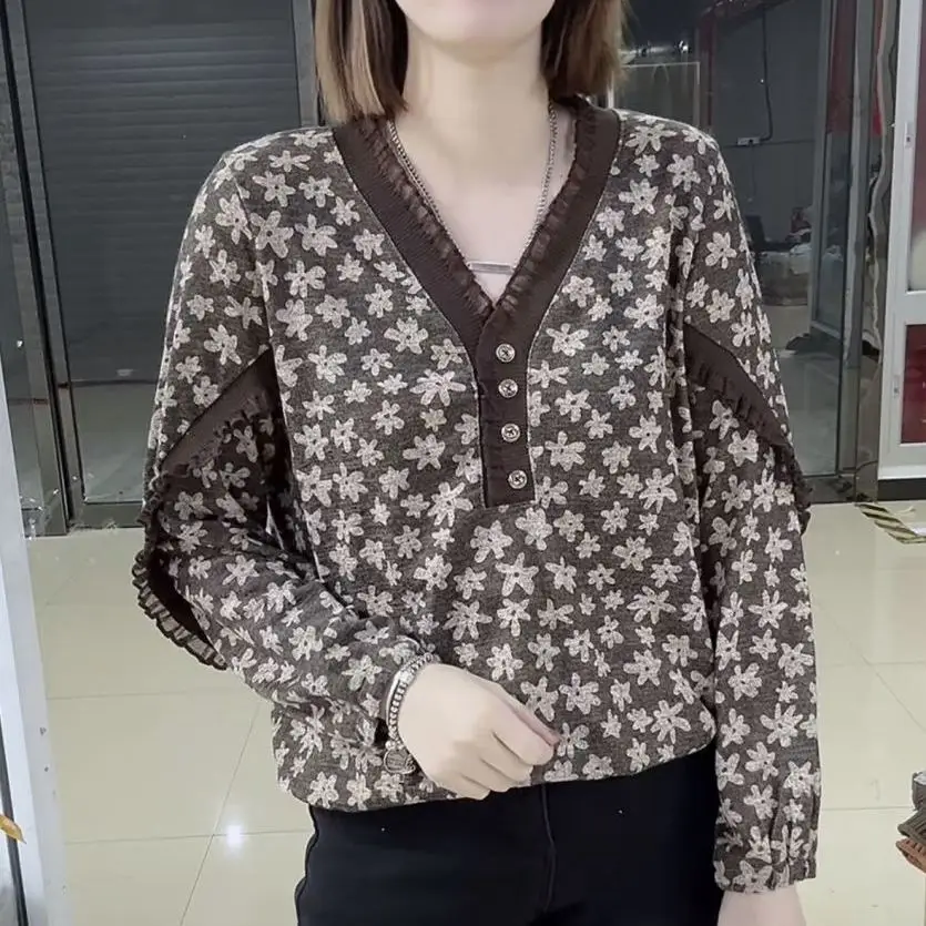 Fashionable Long Sleeve Floral Print Slimming Base Layer Loose Anti-Aging Small Shirt Top for Women Casual Style Polyester Fa...