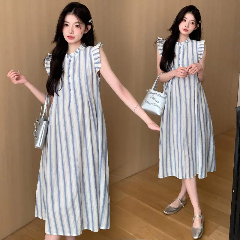 2025 ชุดคลุมท้องลายทาง - ชุดเดรสทรงเอแขนกระพือผ้าลินินระบายอากาศสําหรับหญิงตั้งครรภ์ชุดฤดูร้อนความยาวกลางอินเทรนด์