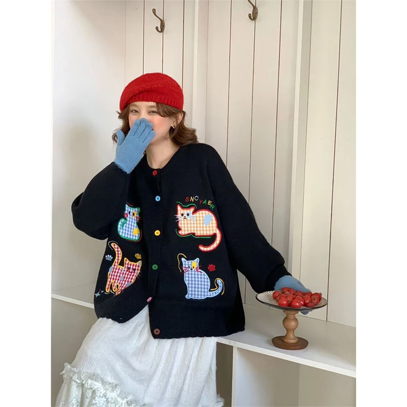 

MEXZT Cartoon Cat Knitted Cardigan Women Japanese Harajuku Black Sweater Outerwears Korean Cutecore Knitwears Winter Jumpers New