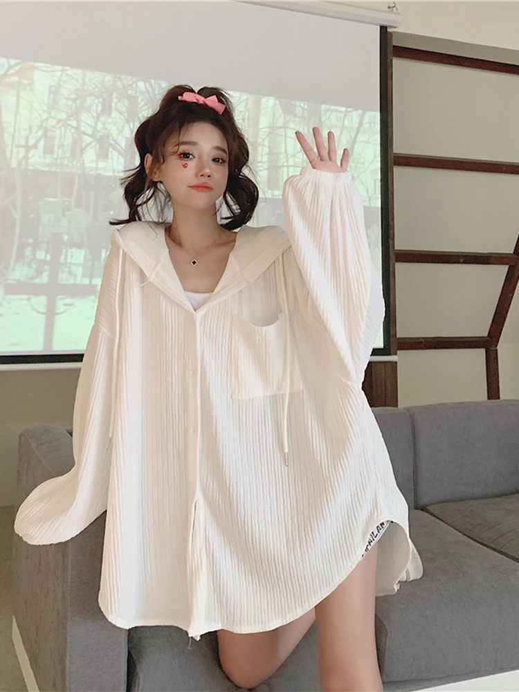 Women's Loose UV Protection Clothing Summer Anti-Ultraviolet Large Size Student Open Cardigan Hooded Thin Outerwear