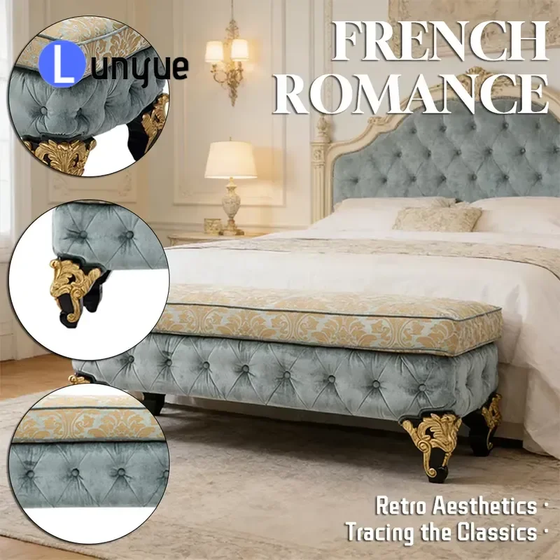 Luxury French Classic Vintage Bench Solid Wood Legs Soft Fleece Tufted Upholstered Entryway Bedroom Living Room Furniture