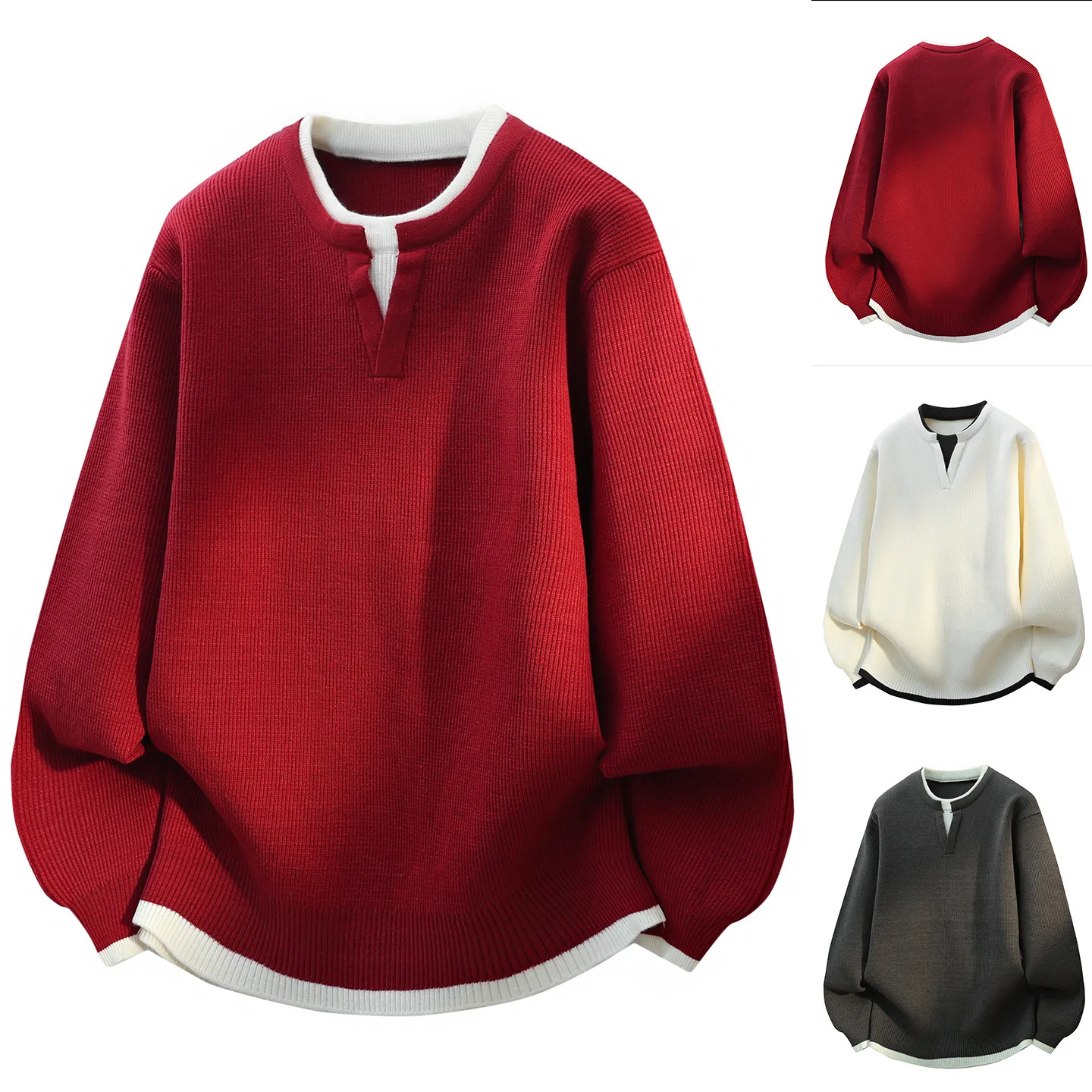 Autumn Winter Red Fake Two-Piece V-Neck Knit Sweater Men's Premium Streetwear Casual Top
