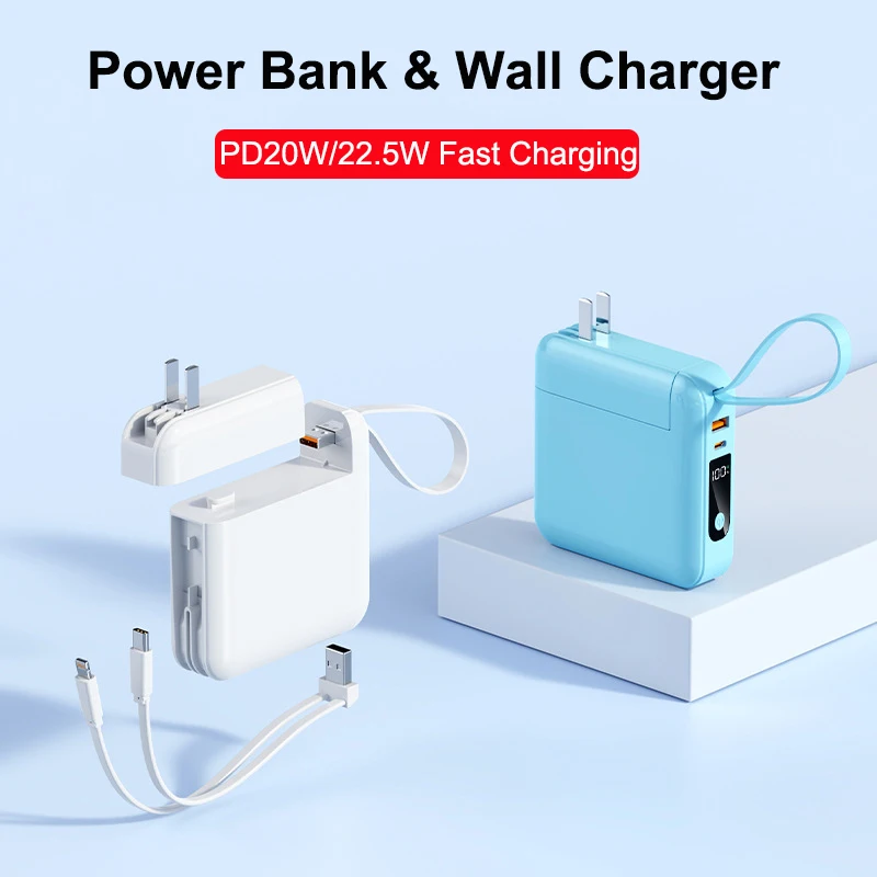 

Power Bank 30000mAh With Cable AC Plug Travel Wall Charger Powerbank 22.5W Fast Charging for iPhone 16 Samsung Xiaomi Powerbank