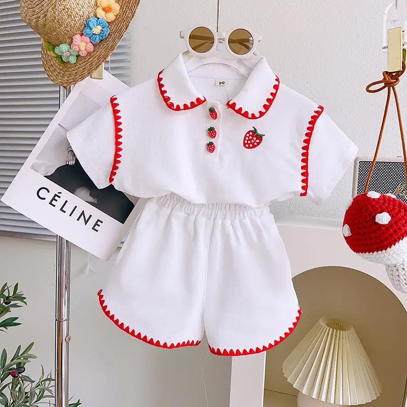 

Children's Clothing Girls' Suit Summer2024New Baby Fashionable Western Style Strawberry Cartoon Short-Sleeved Shorts Two-Piece S