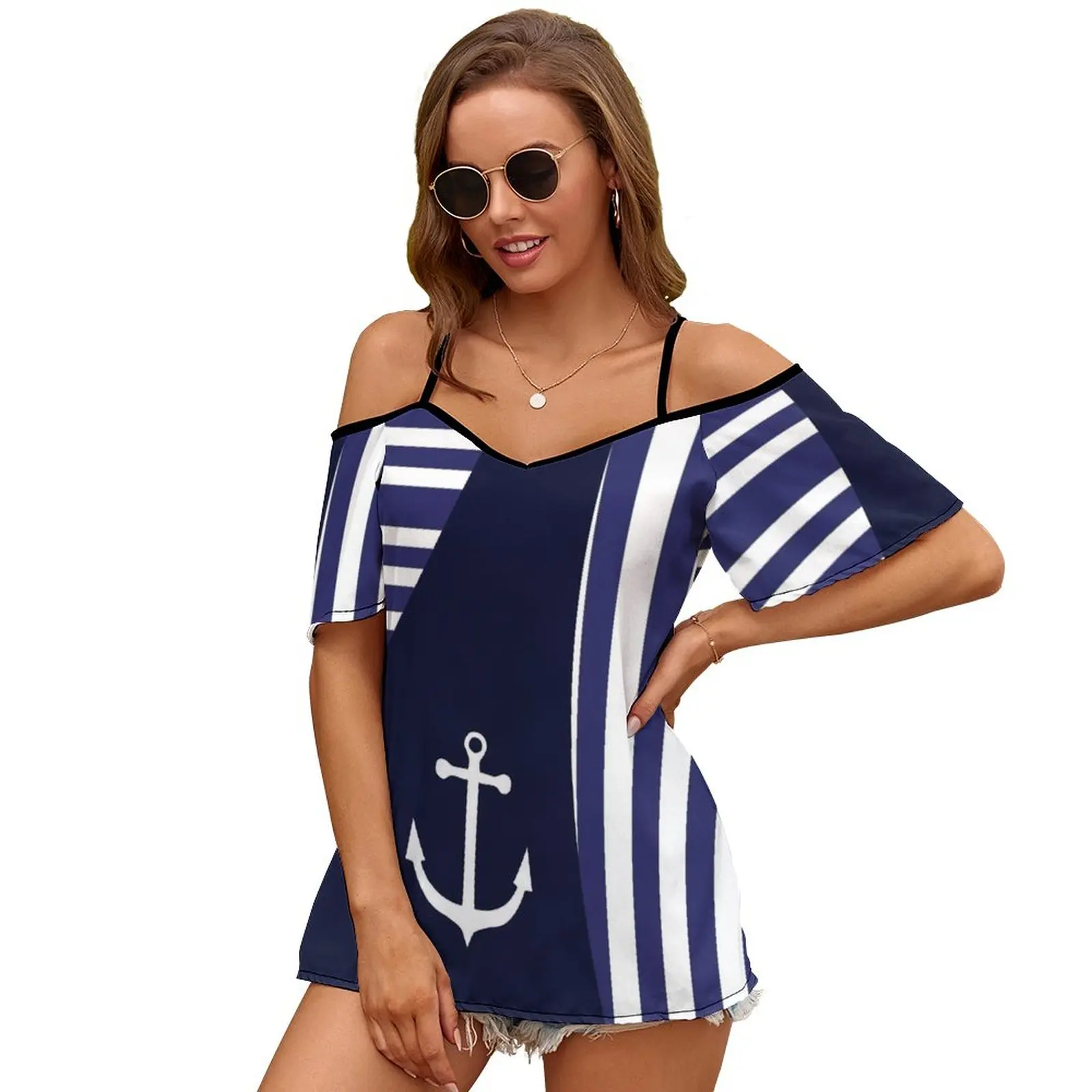 Sailor Stripes With Anchor Women\'S T-Shirt Summer Fashion Print Floral V-Neck Zipper Tshirt Hollow Pullover Ladies Top Sailor