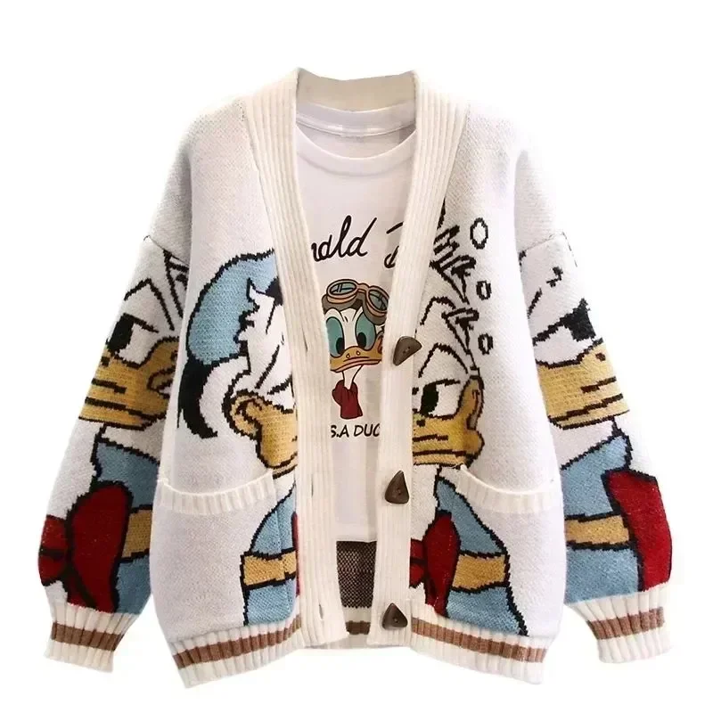 Knitted Cardigan Donald Cartoon Sweaters Women Coat Female Autumn and Winter Loose Wild Thicken Kawaii Tops Korea Popular