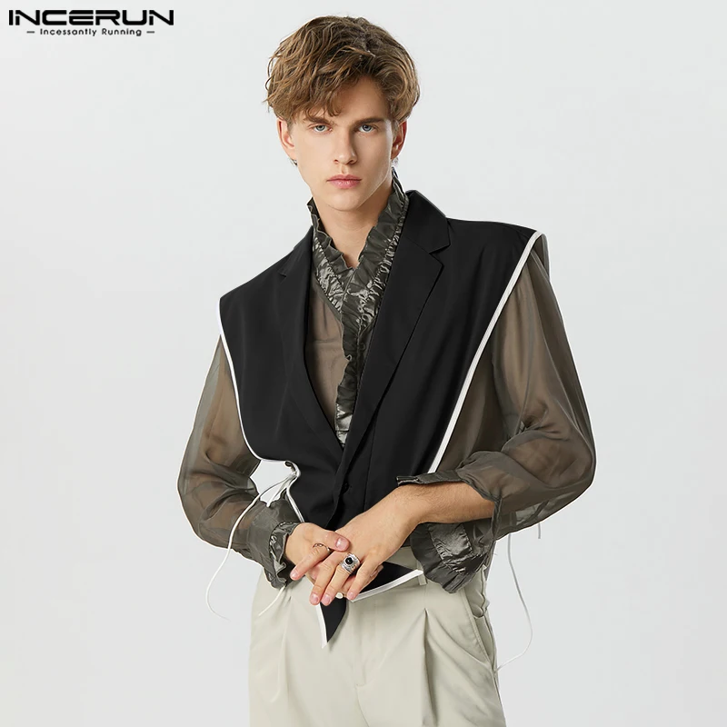 Men Vests Patchwork Lapel Sleeveless Lace Up Button Irregular Waistcoats Men 2023 Streetwear Fashion Casual Vests S-5XL INCERUN