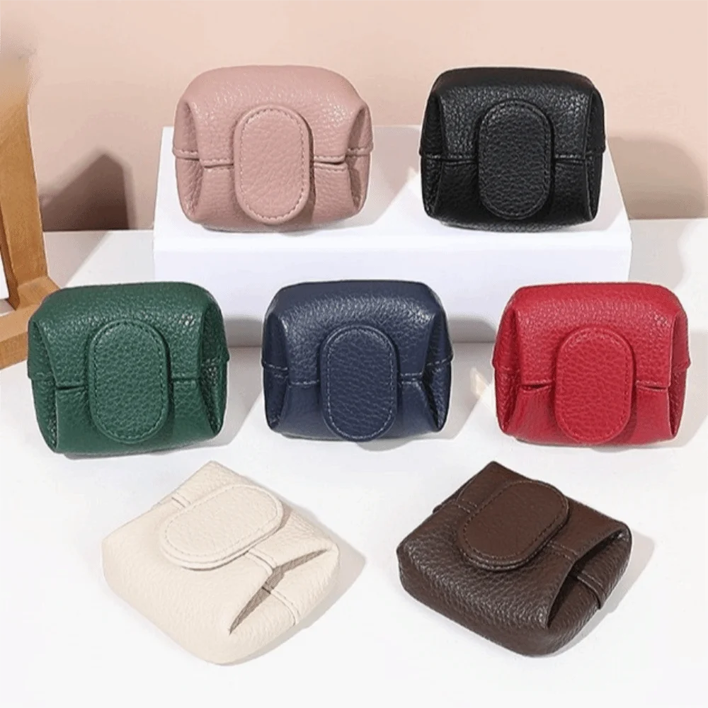 Soft Lychee Pattern Coin Purse Solid Color Multifunctional Mini Cowhide Wallet Square Lightweight Earphone Storage Bag Unisex