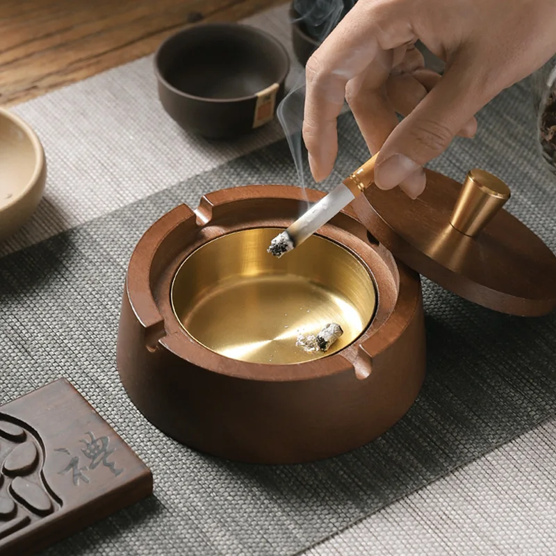 

New Chinese-style Solid Wood Ashtray Stainless Steel Inner Liner with Wood Lid High-End Decoration for Home Office Living Room