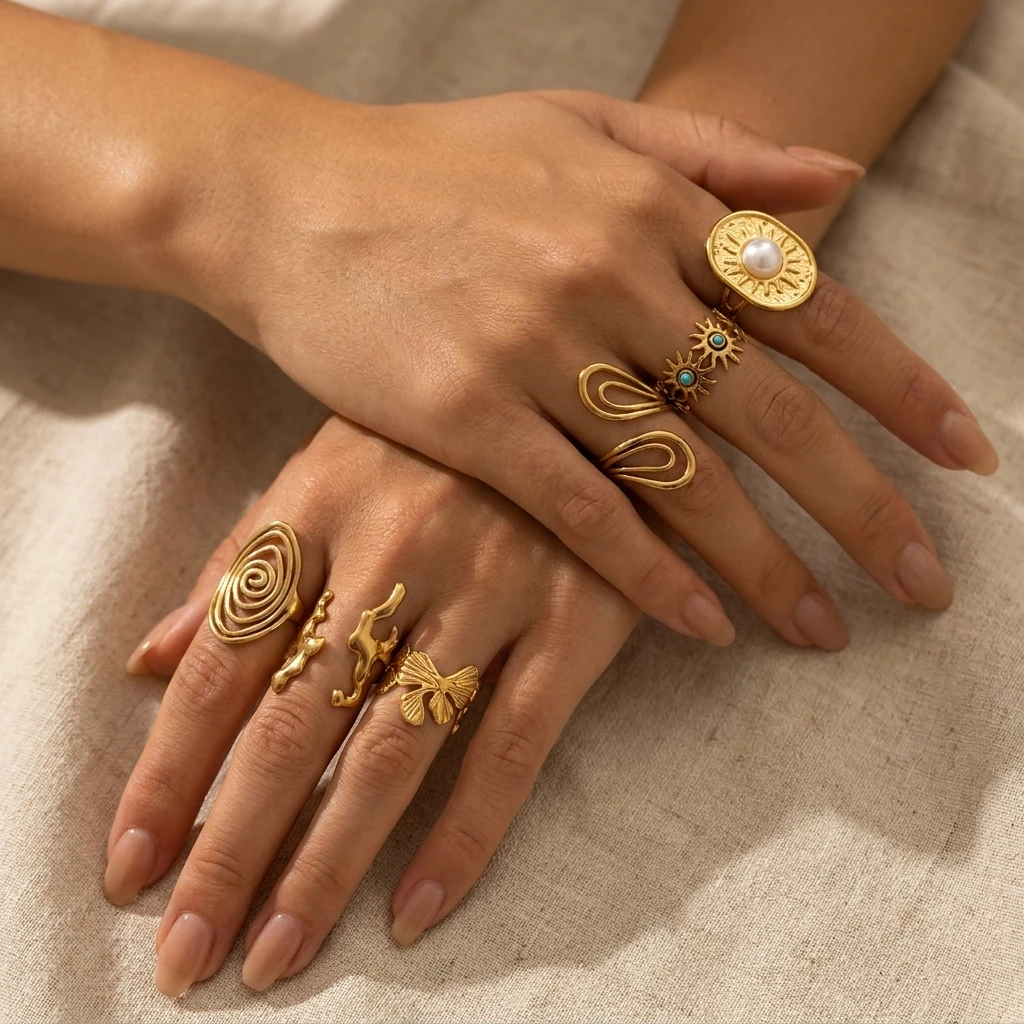 Vintage Sunburst Bow Irregular Cutout Ring for Women Stainless Steel Gold Tone Geometric Stackable Ring Everyday Jewelry Gifts