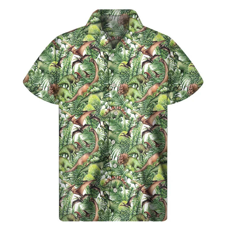 Cartoon Dinosaur Pattern Hawaiian Shirts For Men Summer 3D Print Animal Lapel Shirt Street Loose Button Short Sleeves Blouse