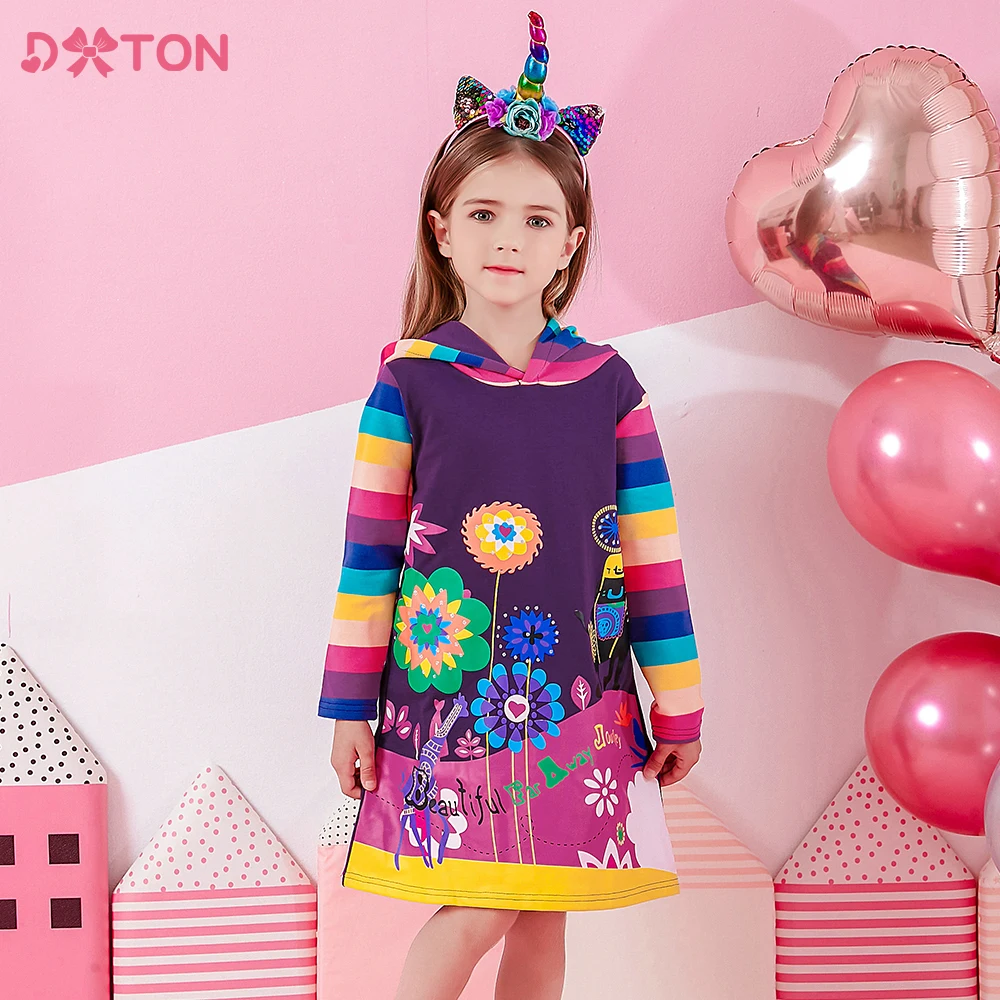 DXTON Girls Hooded Dress for Autumn Winter Kids Floral Print Dress Girl Striped Long Sleeve Cotton Clothes Kids Hoodies Dresses