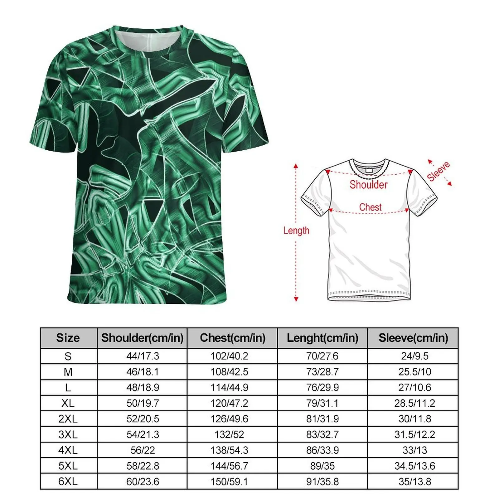 Abstract Curve T-Shirt Green Acrylic Print Fashion T Shirts Male Funny Tshirt Summer Short Sleeve Graphic Top Tees Large Size
