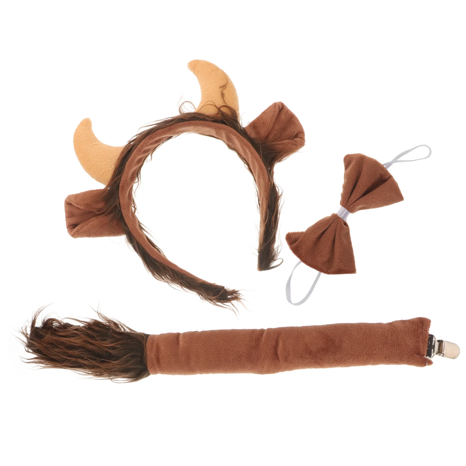 3PCS Kids Animal Headpiece Yellow Cow Horns Ears Bow Tie Tail Set Stylish Cow Horn Headband Animal Ear Headband Dress