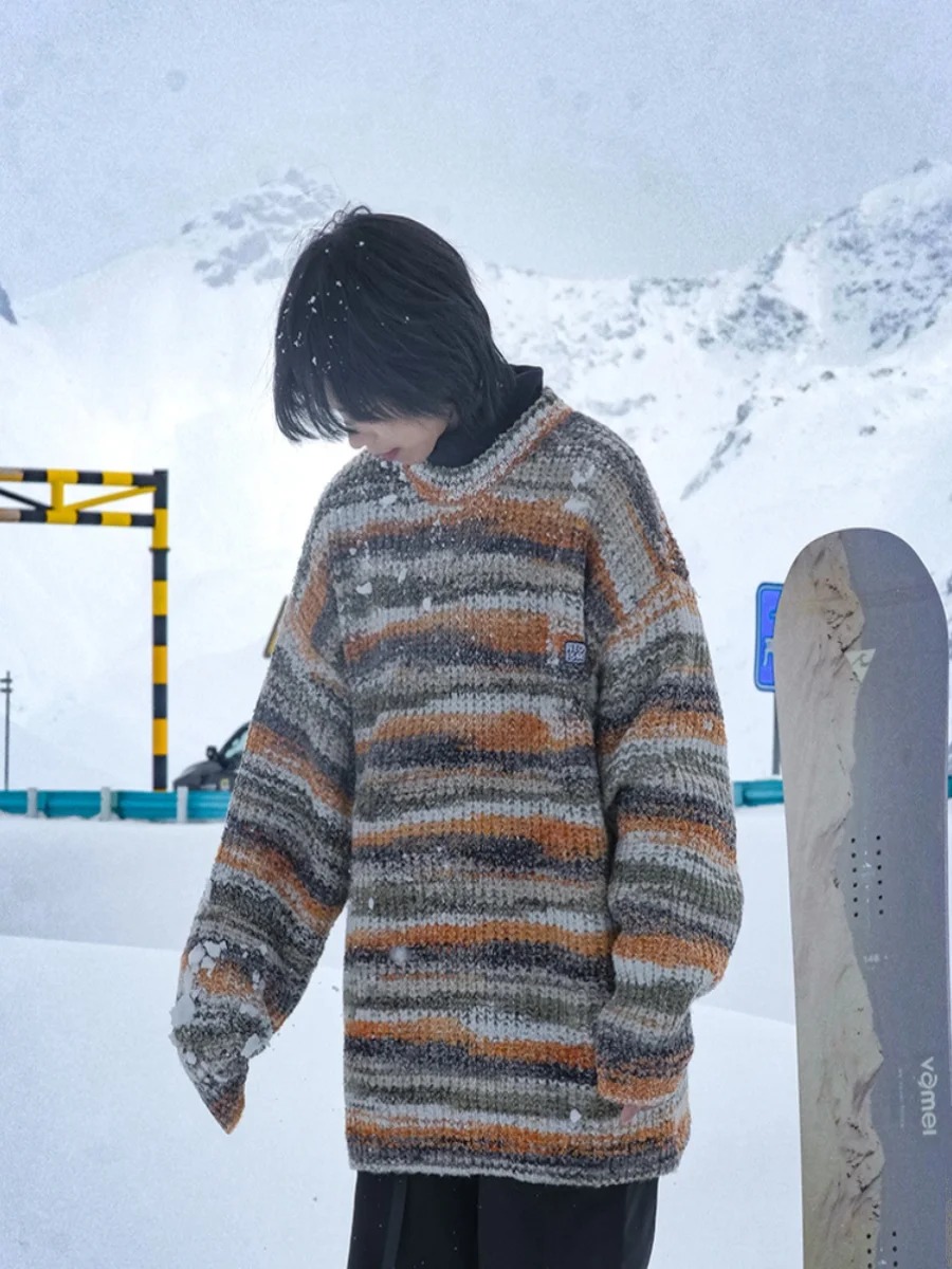 

Dopne Striped Japanese Retro Oil Painting adient Sweater Couple Top Lazy Sle Knitted Coat Men Long Sve round Ne