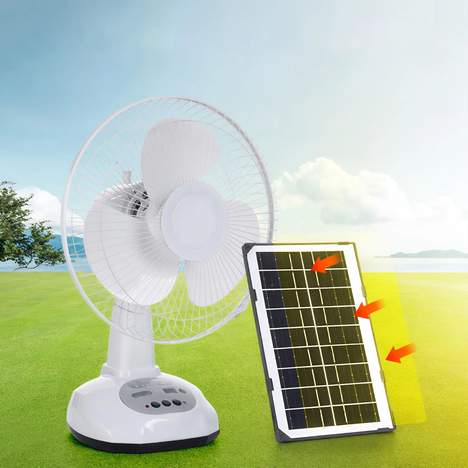 

Tom AutoWholesale Custom Electric Fan Light Rechargeable Plastic Floor Fan Dual Speed Solar-Powered Digital Air Cooling Fan