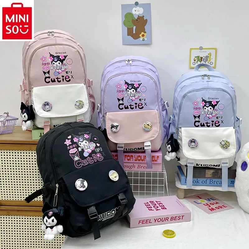 MINISO tas punggung anak-anak, ransel kapasitas besar nilon ringan bercetak lucu kartun Kuromi 2024