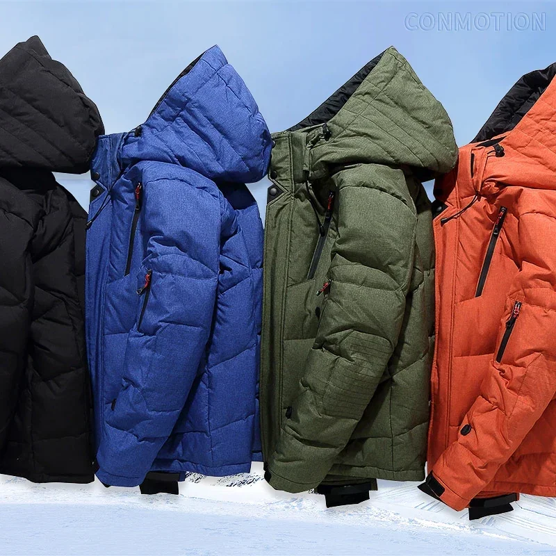 New Winter Men Down Jacket White Duck Coat Windproof Warm Travel Camping Overcoat in Thicken Solid Color Hooded Man Clothing