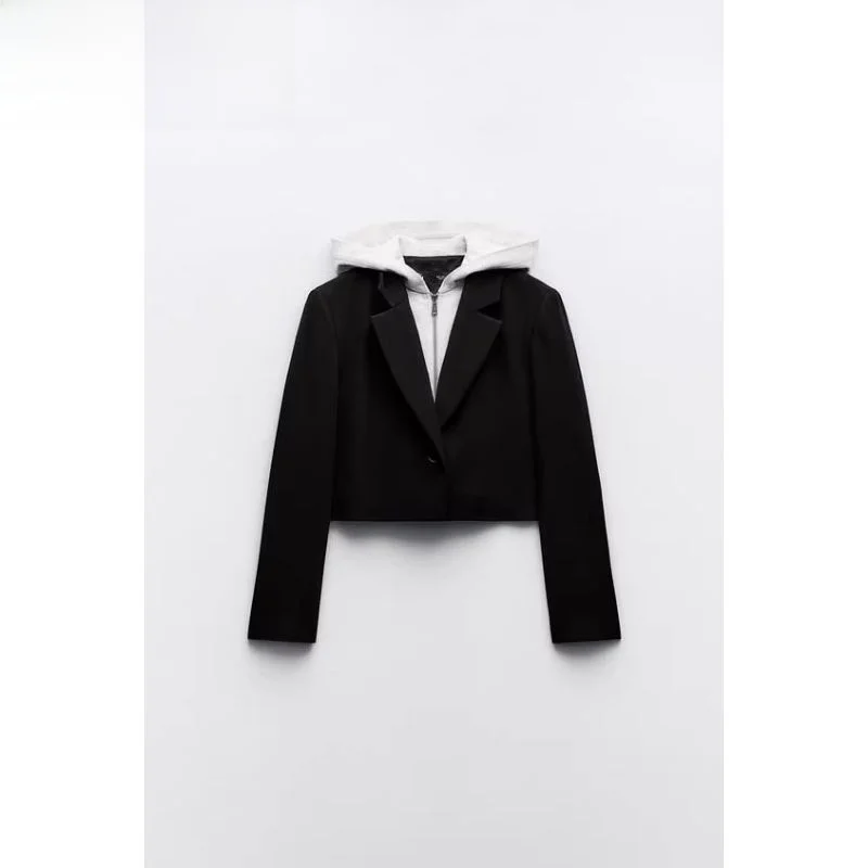 

Spring 2024 Women's ort Suit Jaet Hooded Patchwork Fake Two-Piece Set Casual Versatile Long Sve Color Faion