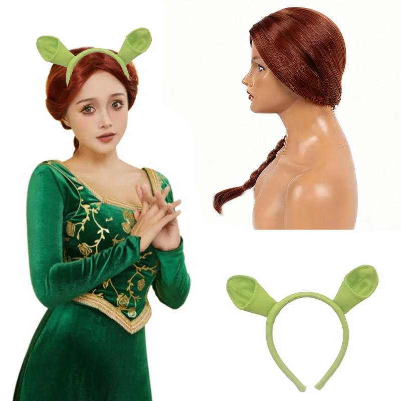 

Жаропрочный длинный волнистый парик принцессы с косой и зелеными ушками | Темно-рыжие синтетические волосы для женщин, косплей