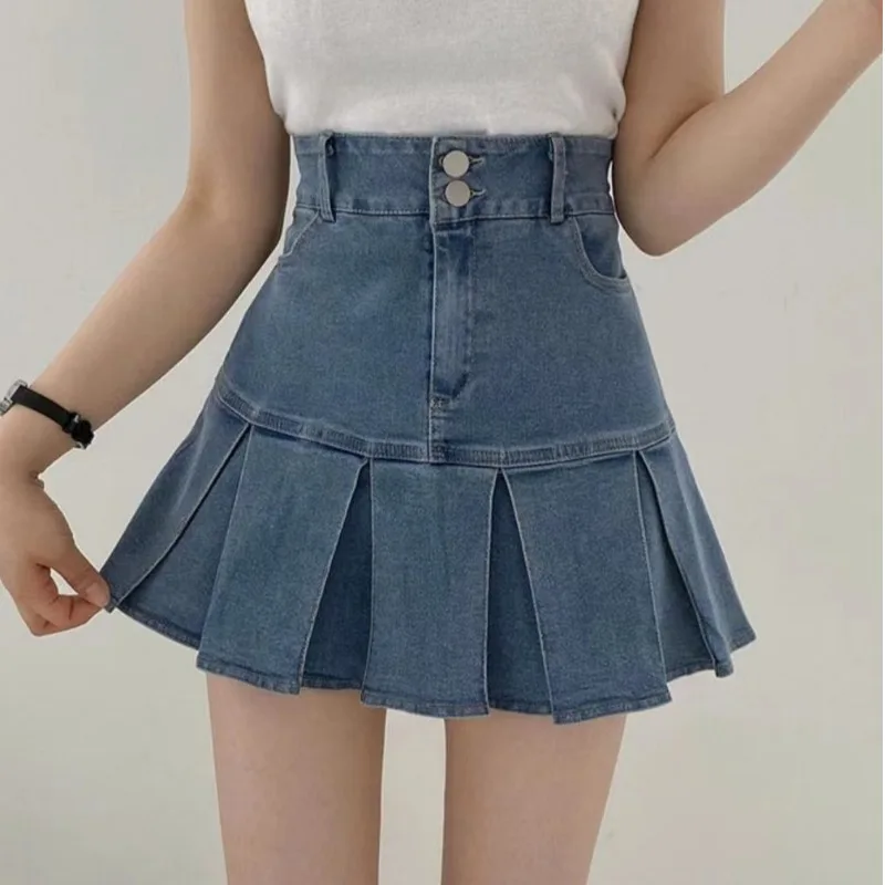 

Летняя винтажная джинсовая юбка А-силуэта с высокой талией, плиссированная, укороченная, для женщин, маленький размер, стройнящая