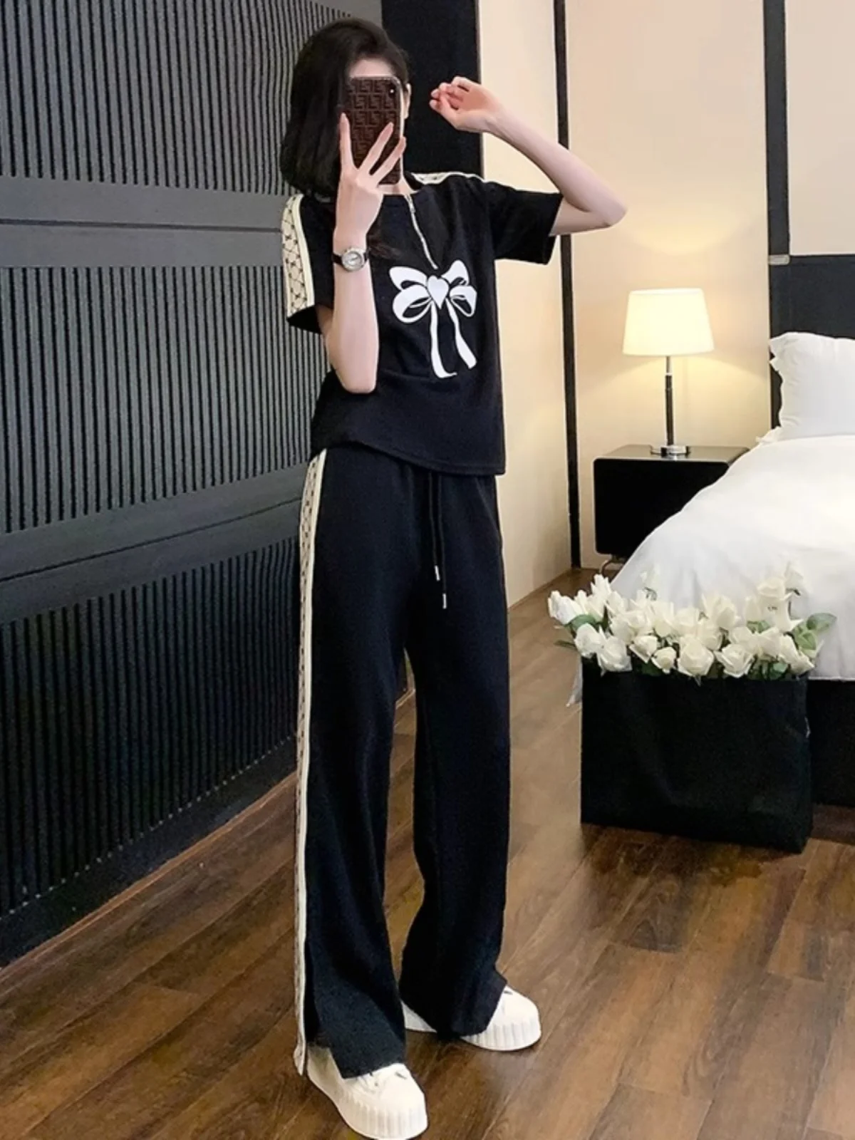 2024 Summer Trendy Sportswear Set Women's Casual Short Sleeve Wide Leg Pants Two Piece Set Fashionable Anti-Aging Street Style