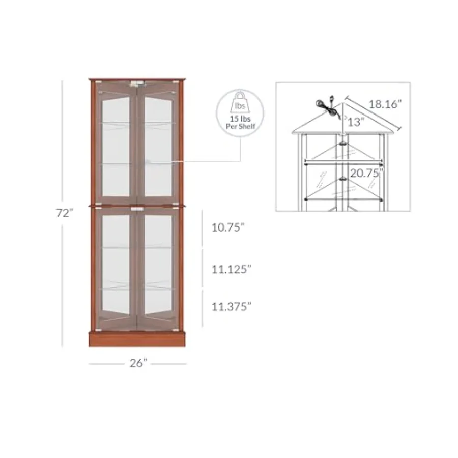 Lighted Corner Display Curio Cabinet for home bar use, wooden material, walnut finish, tempered glass door and 6 adjustable she view 2
