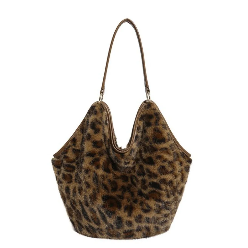 

Portable Large Capacity Shoulder Bags Leopard Solid Color Tote Bags Lightweight Ladies Furry Bag Women
