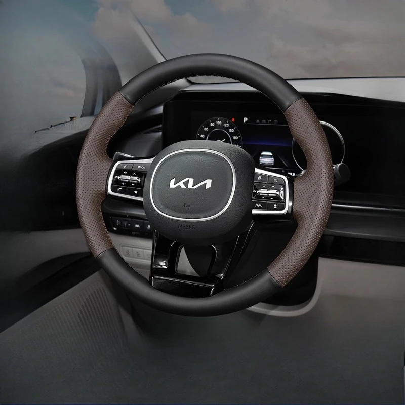

Hand-stitched non-slip Black brown Genuine leather steering wheel cover 100% Fit For Kia Carnival IV 2021 2022 2023 Volant Parts