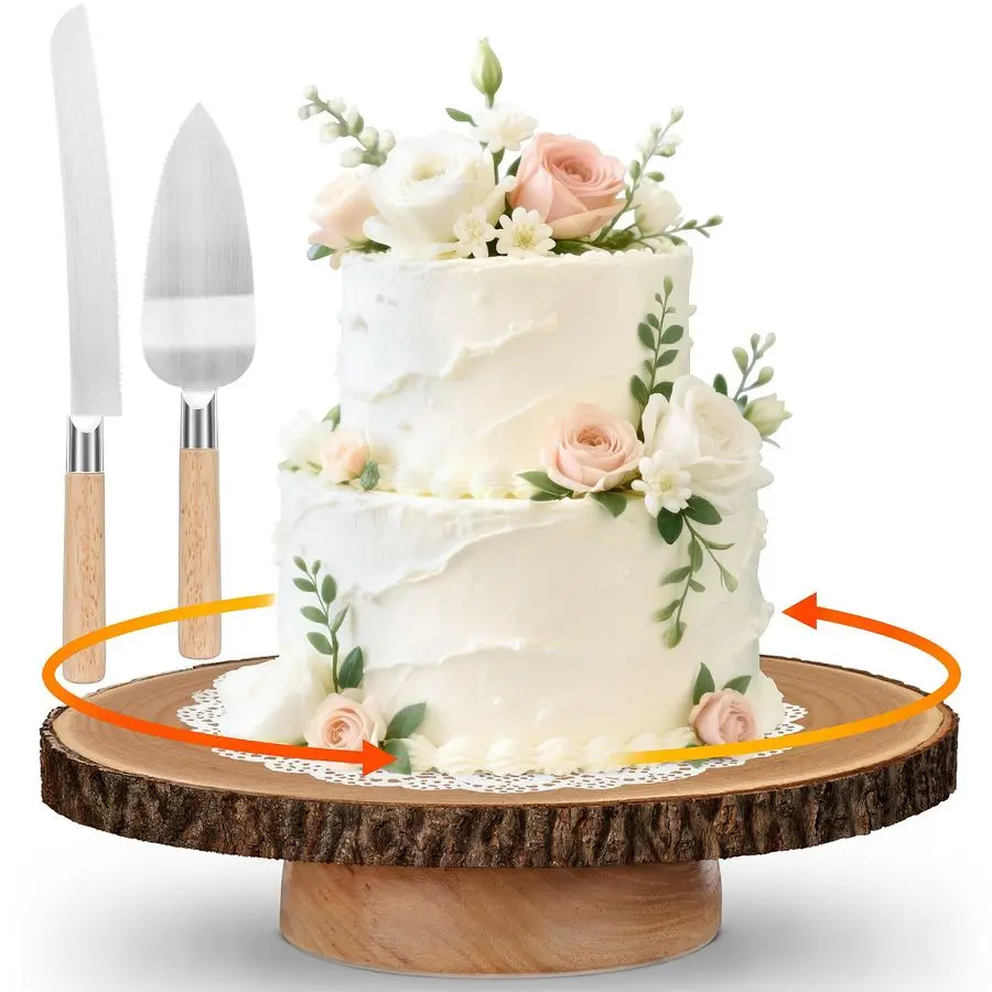

Подставка для торта деревянная на 12 дюймов с набором для нарезки, деревенские деревянные подставки для торта для вечеринок, свадеб, выпечки, подарков, мероприятий, вращающаяся подставка для торта
