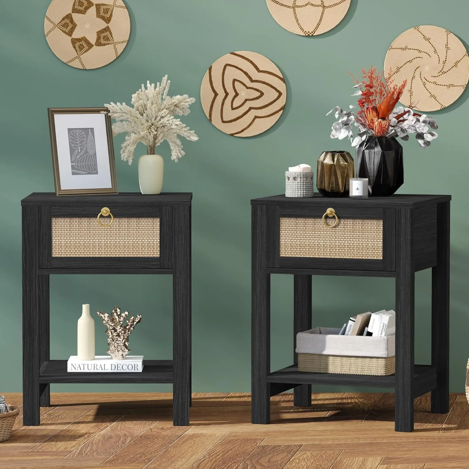 

US Nightstand Set of 2 - Rattan Decor Drawer with Brass Knobs Night Stand Wood Bedside Table Boho End Tables Side Tables with