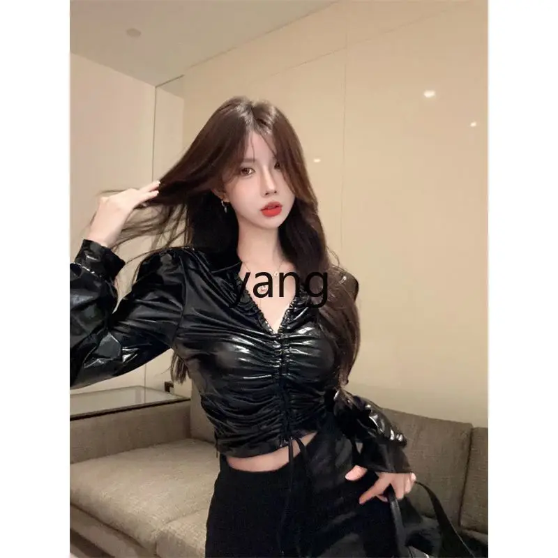 LMM temperament lapel PU leather shirt women eat ball glossy drawstring folds slim short