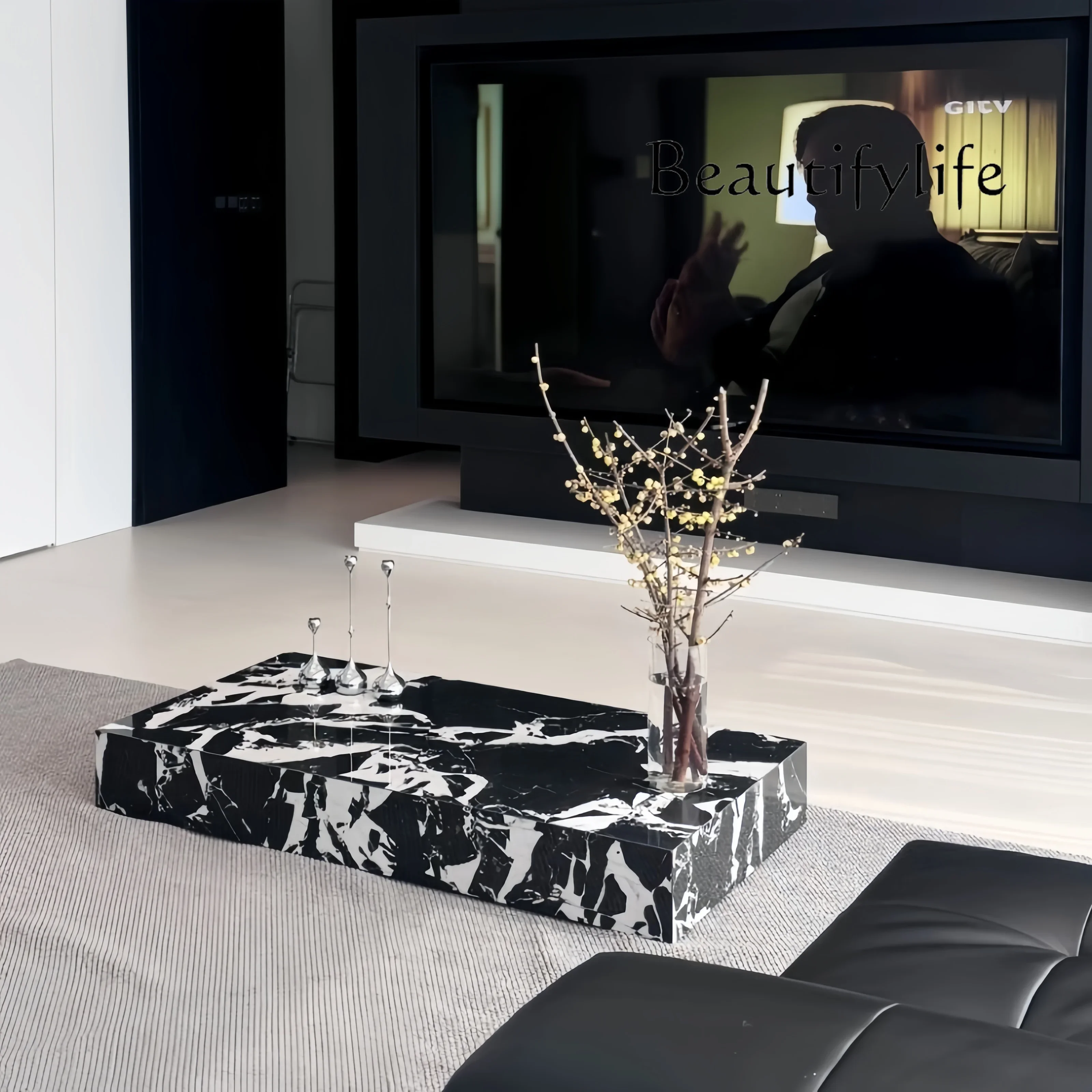 

u Italian large flat floor light luxury minimalist rock slab coffee table villa simple living room coffee table